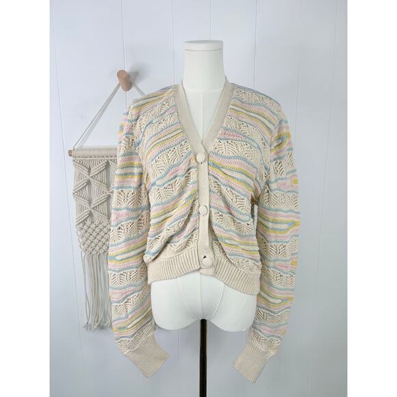 Zara Pastel Stripe Pointelle Knit Crochet Cardigan Sweater Mediuim - Picture 3 of 11